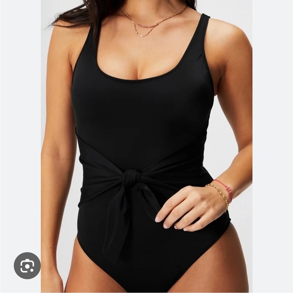 Fabletics Scoop Neck Tie Back Black One-Piece Swimsuit - Picture 1 of 8